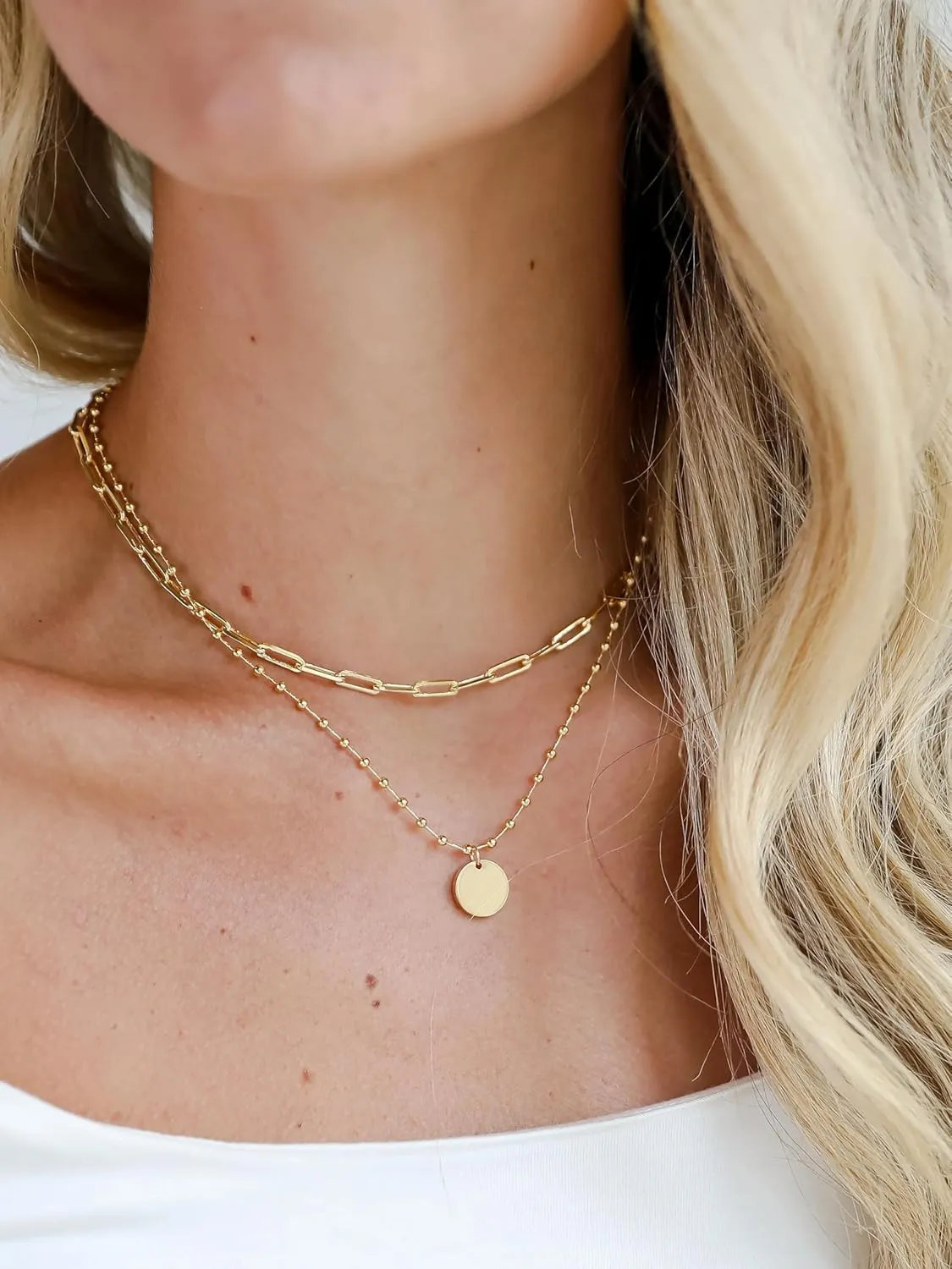 14K Gold Plated Dainty Necklace for Women - Layered Stackable Heart Disc Pendant Paperclip Chain Choker Necklace, Minimalist Jewelry Gift for Her