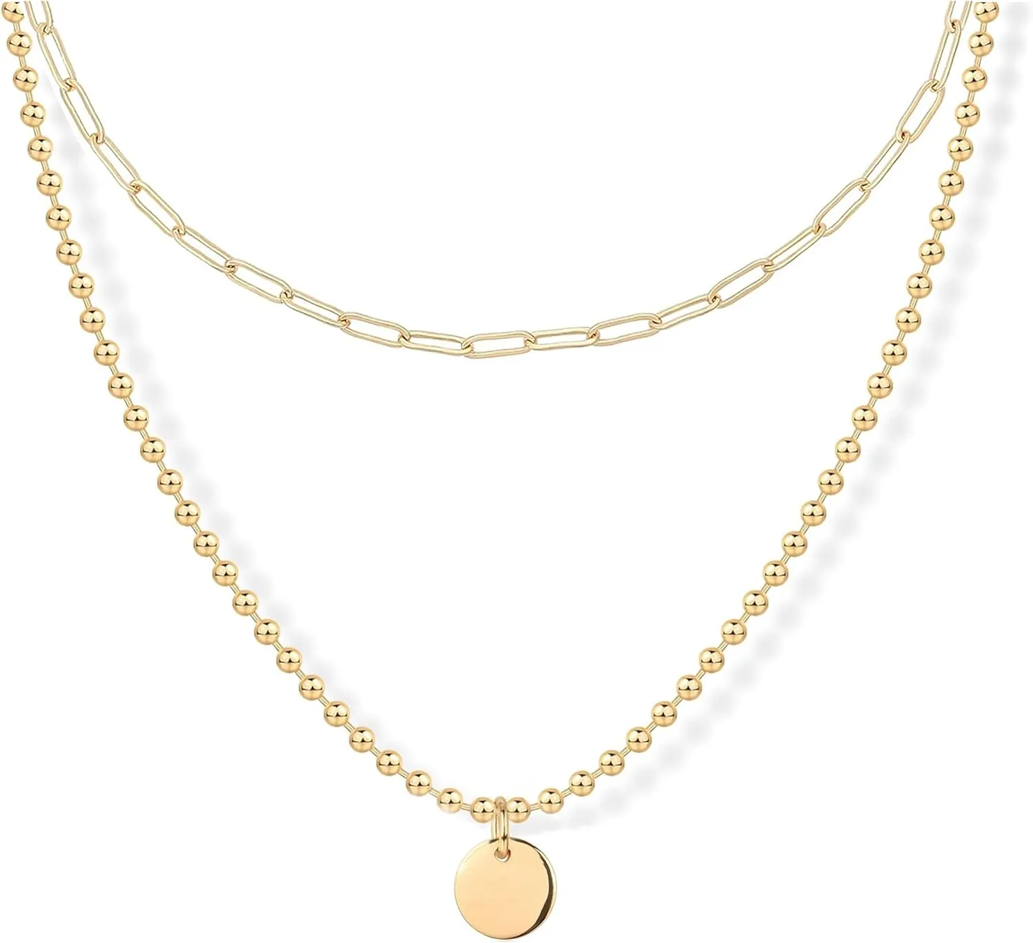 14K Gold Plated Dainty Necklace for Women - Layered Stackable Heart Disc Pendant Paperclip Chain Choker Necklace, Minimalist Jewelry Gift for Her
