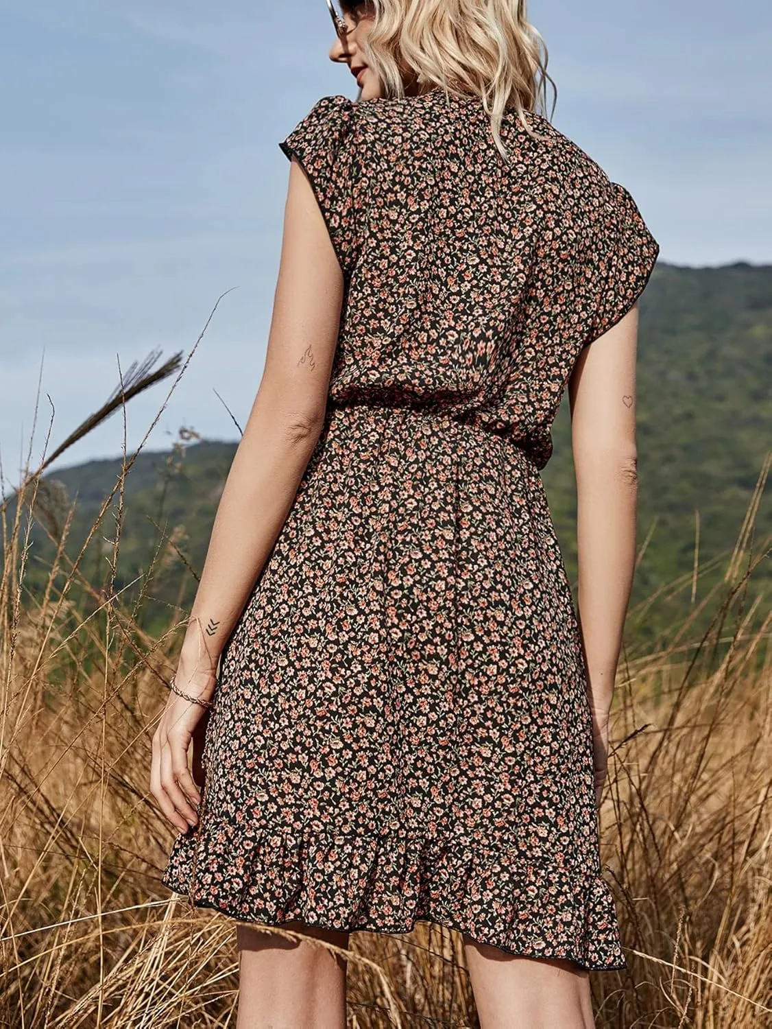 2022 Women's Short Dress Summer Floral Ruffle Hem Wrap Dress Cute Mini Party Beach Dress