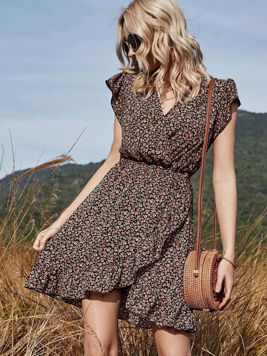 2022 Women's Short Dress Summer Floral Ruffle Hem Wrap Dress Cute Mini Party Beach Dress