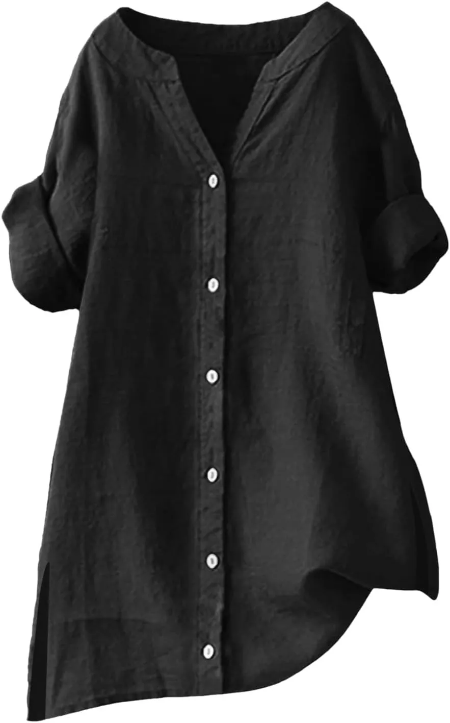 2025 Linen Shirts for Women Loose Fit Button Down Notch Collar Casual Tops Roll Up Short Sleeve Side Split Blouses