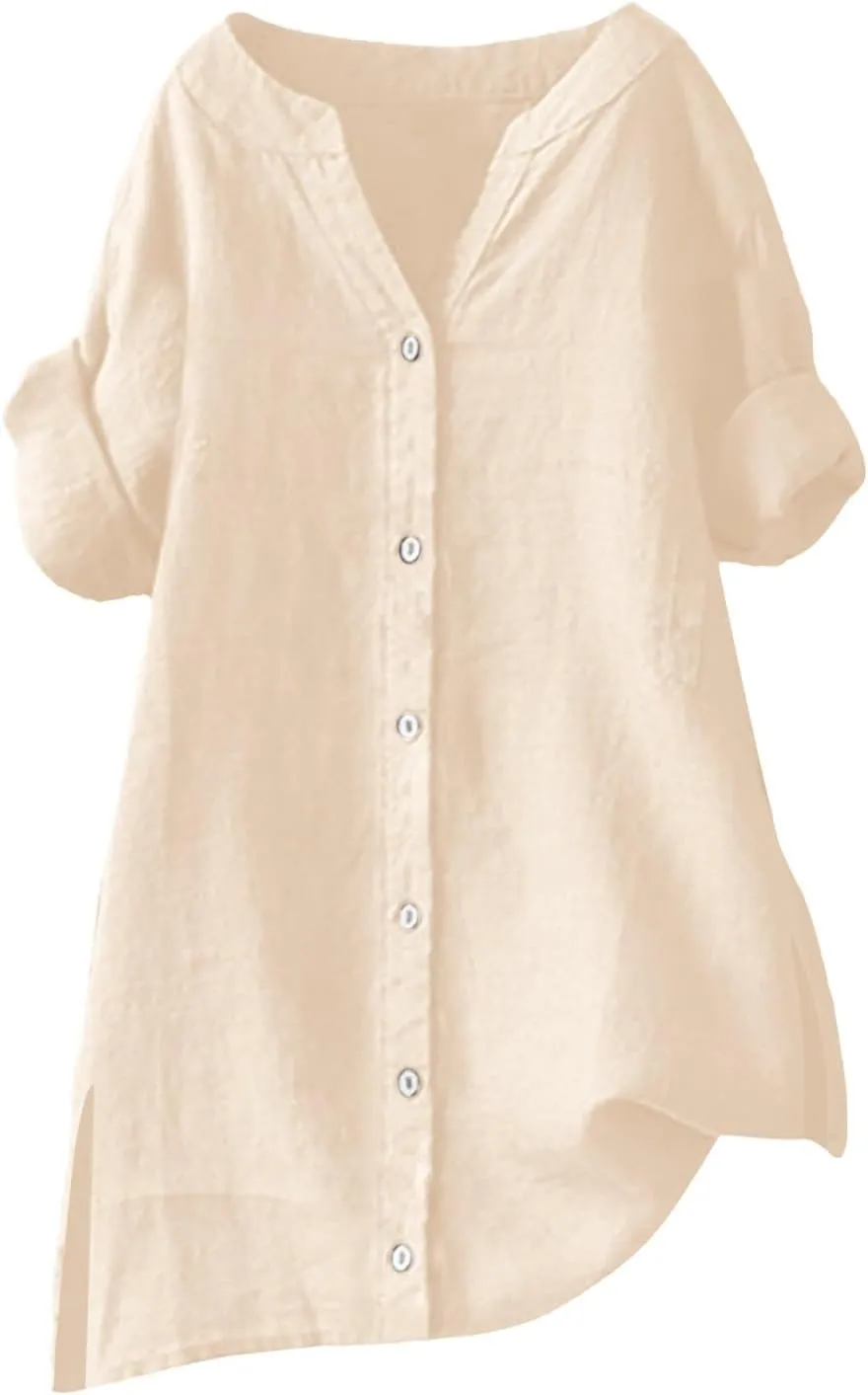2025 Linen Shirts for Women Loose Fit Button Down Notch Collar Casual Tops Roll Up Short Sleeve Side Split Blouses