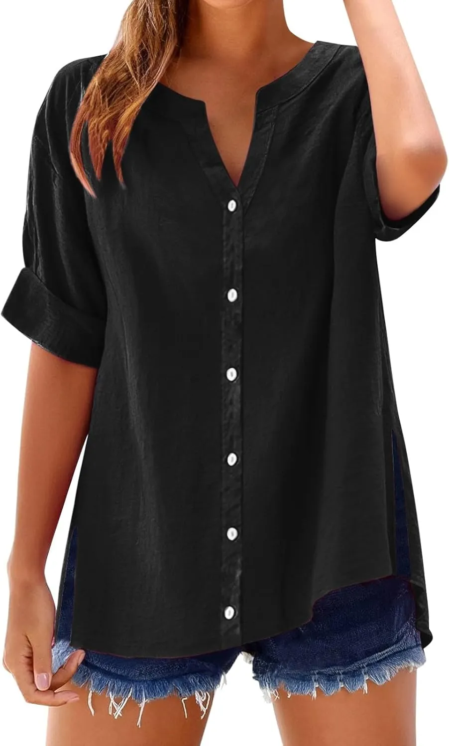 2025 Linen Shirts for Women Loose Fit Button Down Notch Collar Casual Tops Roll Up Short Sleeve Side Split Blouses