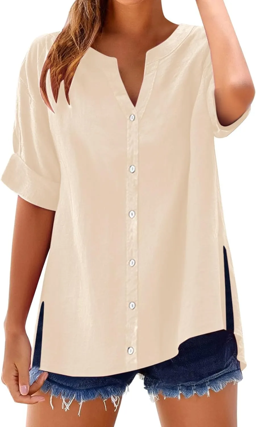 2025 Linen Shirts for Women Loose Fit Button Down Notch Collar Casual Tops Roll Up Short Sleeve Side Split Blouses