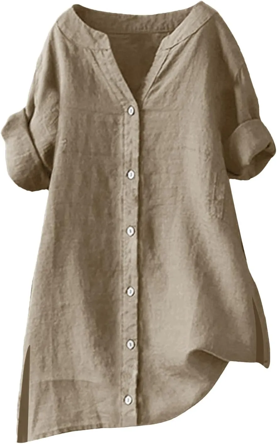 2025 Linen Shirts for Women Loose Fit Button Down Notch Collar Casual Tops Roll Up Short Sleeve Side Split Blouses