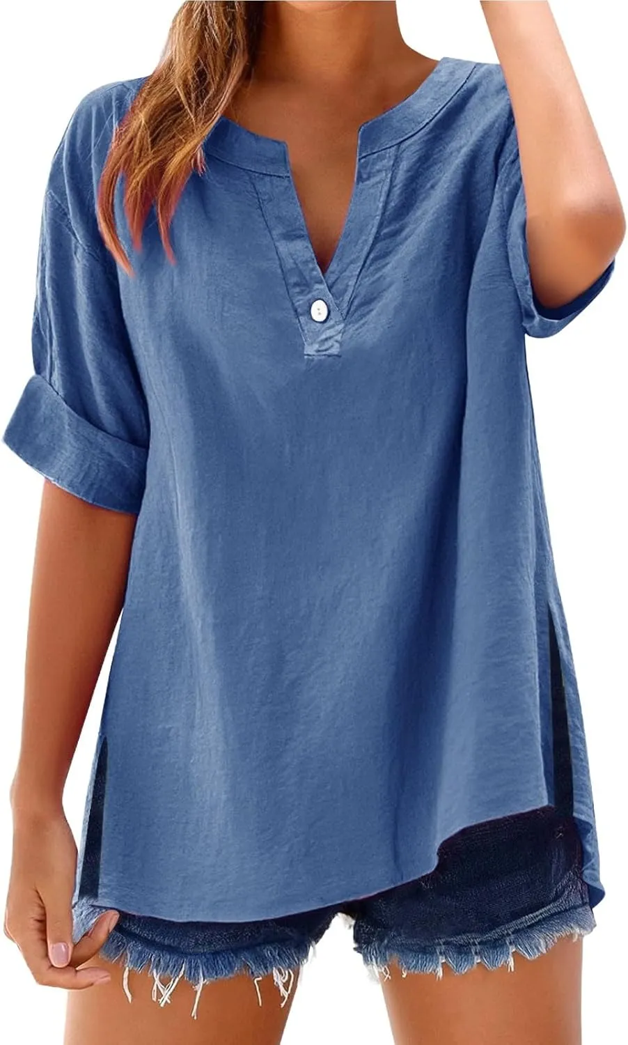 2025 Women Summer Cotton Linen Shirts Short Sleeve V Neck Button Down Tops Side Split Hem Loose Casual Dressy Blouses