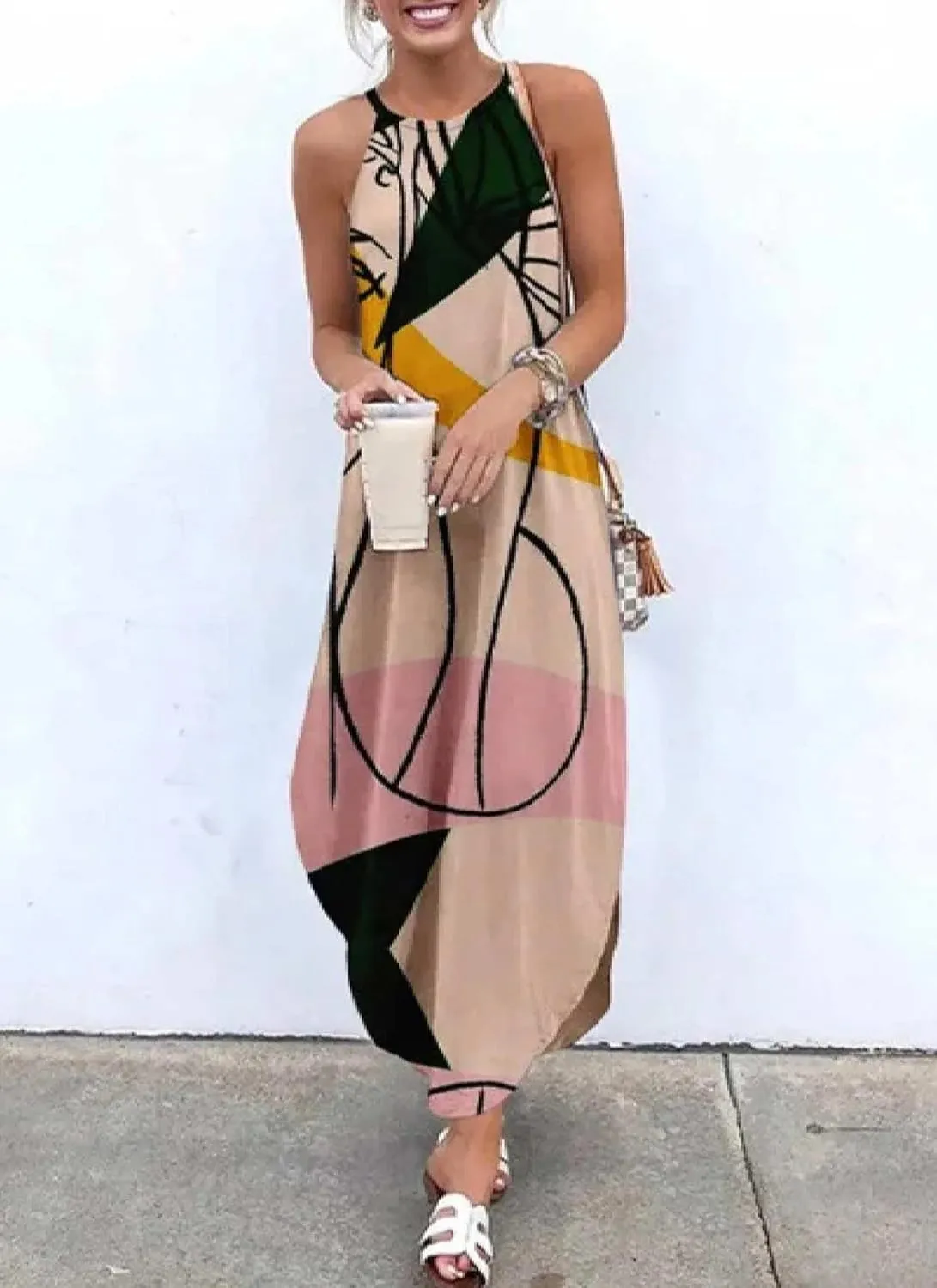 2025 Women's Spring Summer Boho Sleeveless Dress Print Casual Loose Irregural Hem Flowy Maxi Dress