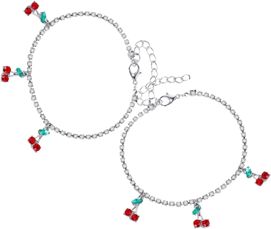2pcs Cherry Rhinestone Ankle Chain for Women Adjustable Beach Anklet Jewelry Delightful Fruit Pendant Design for Summer Events and Casual Wear
