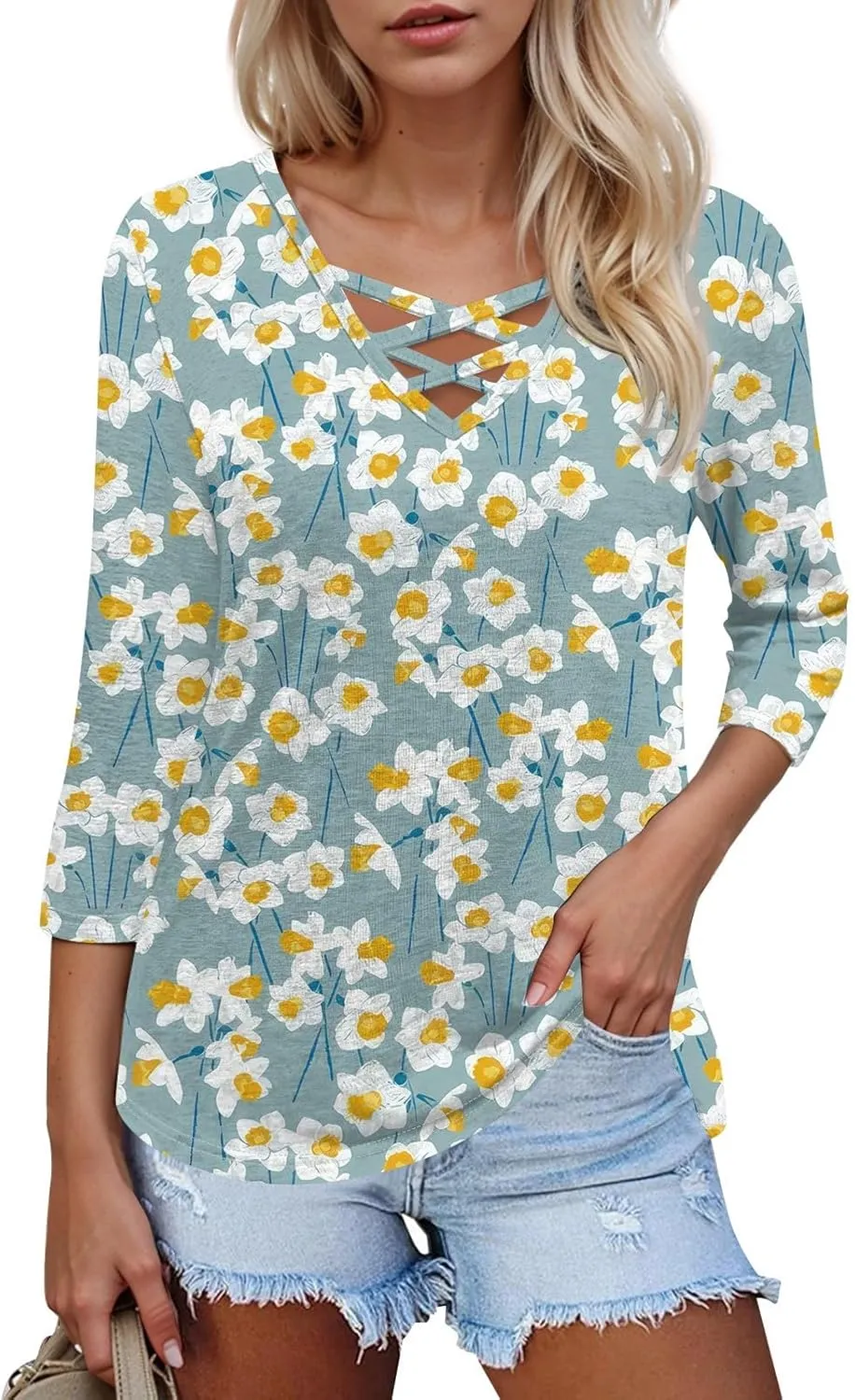 3/4 Length Sleeve Womens Tops Cross Collar Floral Print Lightweight Going Out T-Shirts Summer Casual Fashion Tees 2025