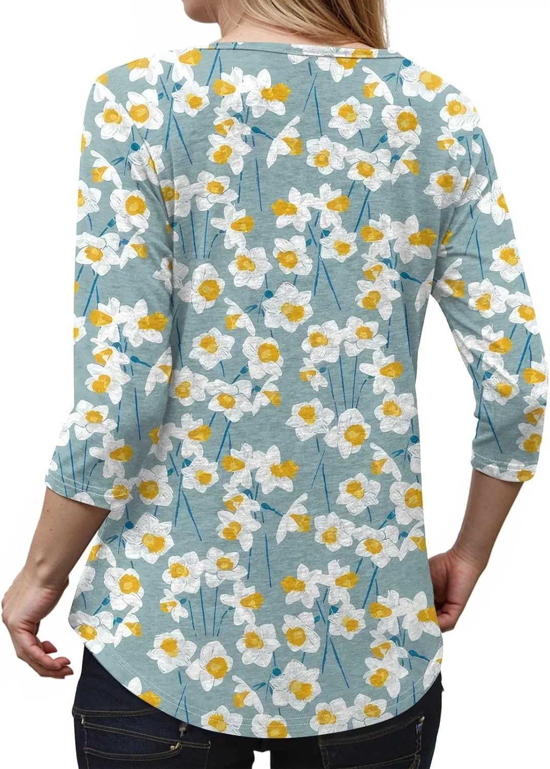 3/4 Length Sleeve Womens Tops Cross Collar Floral Print Lightweight Going Out T-Shirts Summer Casual Fashion Tees 2025
