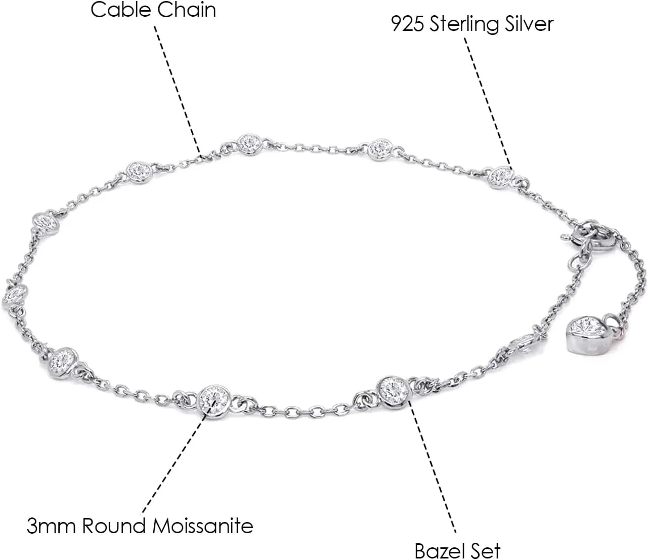 3MM Round Lab Created Moissanite Bezel Set Single Piece Station Anklet Bracelet For Women In 14K Gold Plated Sterling Silver Jewelry (1 Cttw), Gift For Her