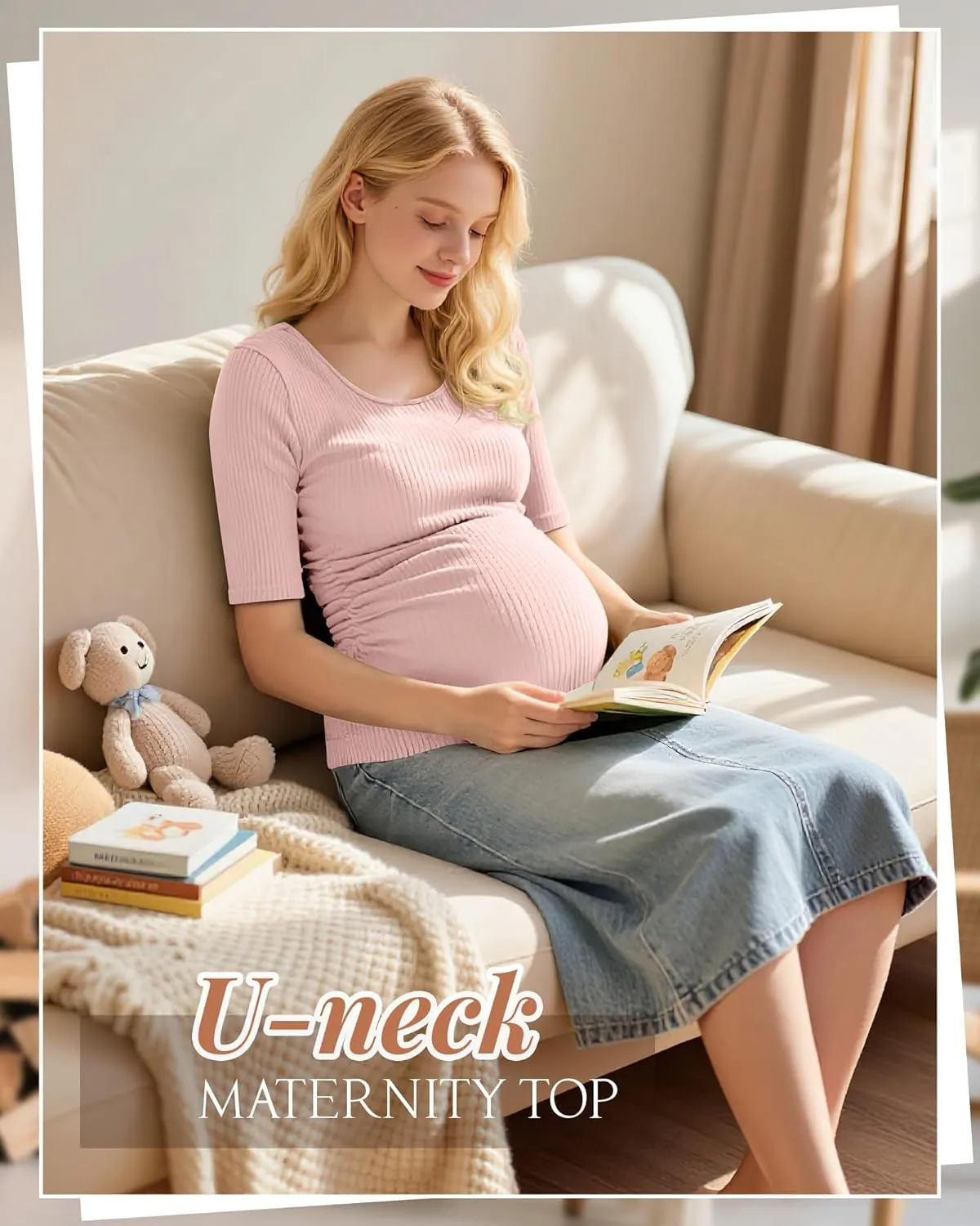 5 Pack Women's Cotton Ribbed Maternity Shirts Bulk, Half Sleeve Scoop Multipack Side Ruched Pregnancy Summer Tees