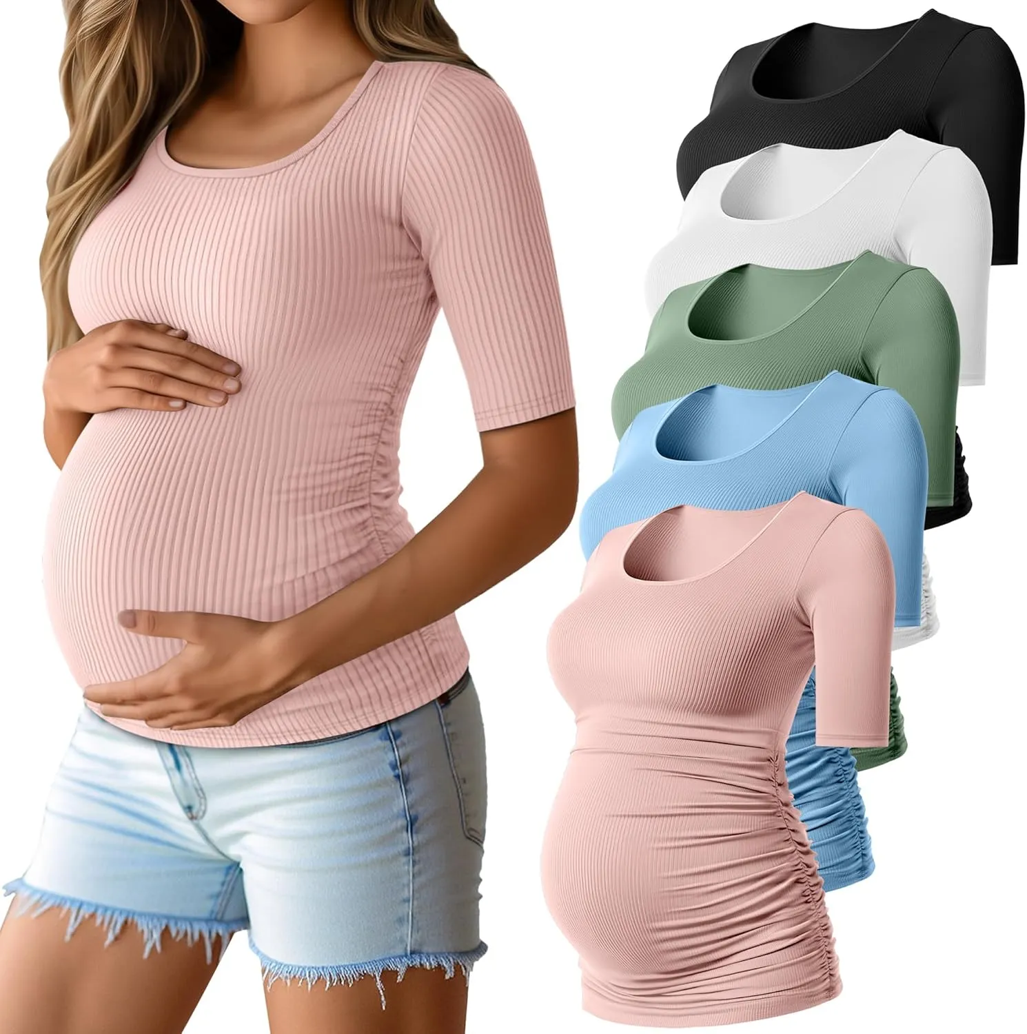 5 Pack Women's Cotton Ribbed Maternity Shirts Bulk, Half Sleeve Scoop Multipack Side Ruched Pregnancy Summer Tees