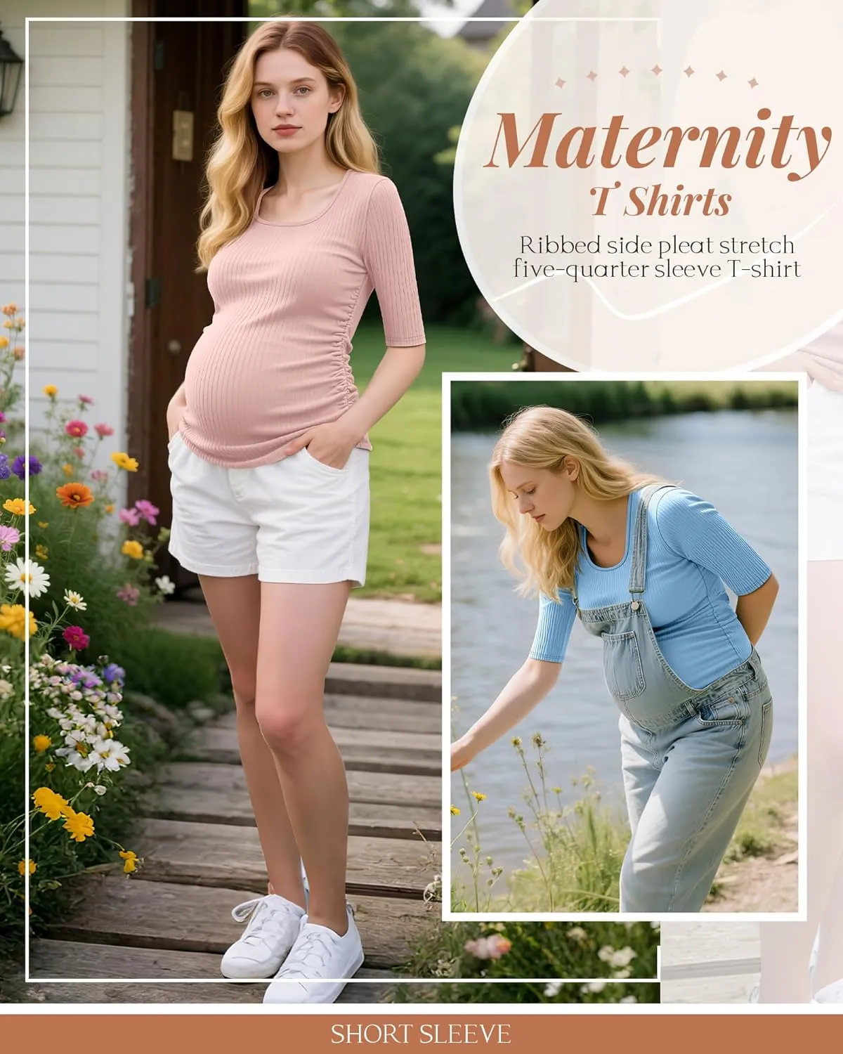 5 Pack Women's Cotton Ribbed Maternity Shirts Bulk, Half Sleeve Scoop Multipack Side Ruched Pregnancy Summer Tees