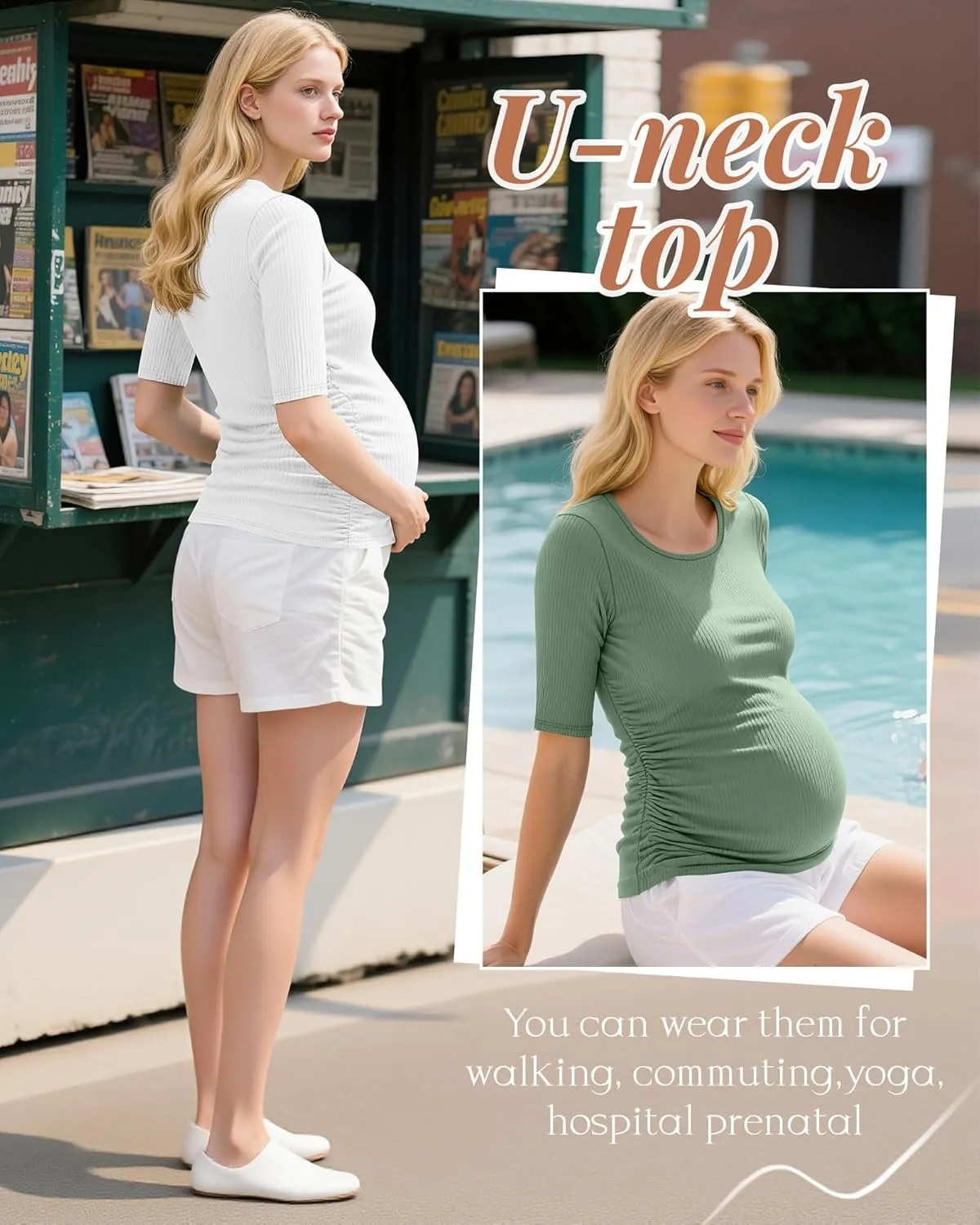 5 Pack Women's Cotton Ribbed Maternity Shirts Bulk, Half Sleeve Scoop Multipack Side Ruched Pregnancy Summer Tees