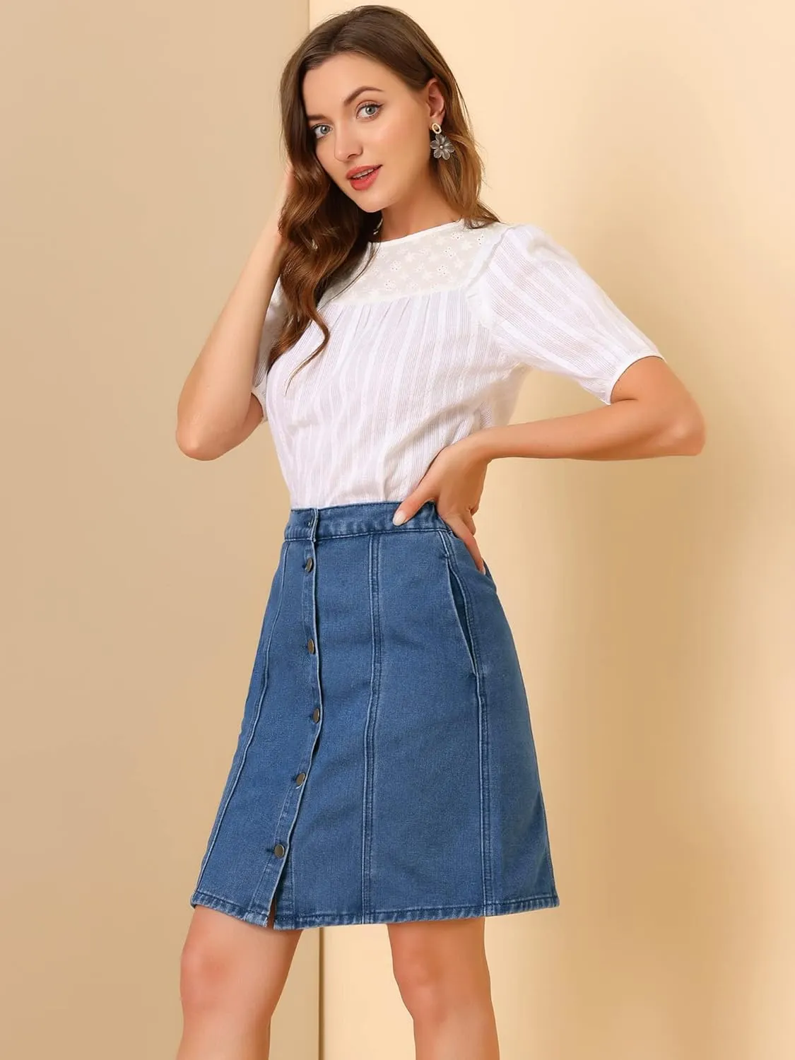 Allegra K Women's Denim Skirts 2024 Summer Casual A-Line Short Button Down Jean Skirt