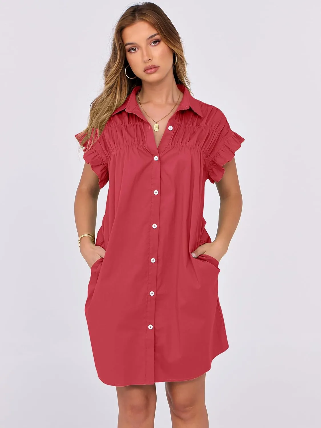 ANRABESS Womens Summer Button Down Shirt Dress Ruffle Short Sleeve Mini Dresses Loose Fit Casual Sundress with Pockets