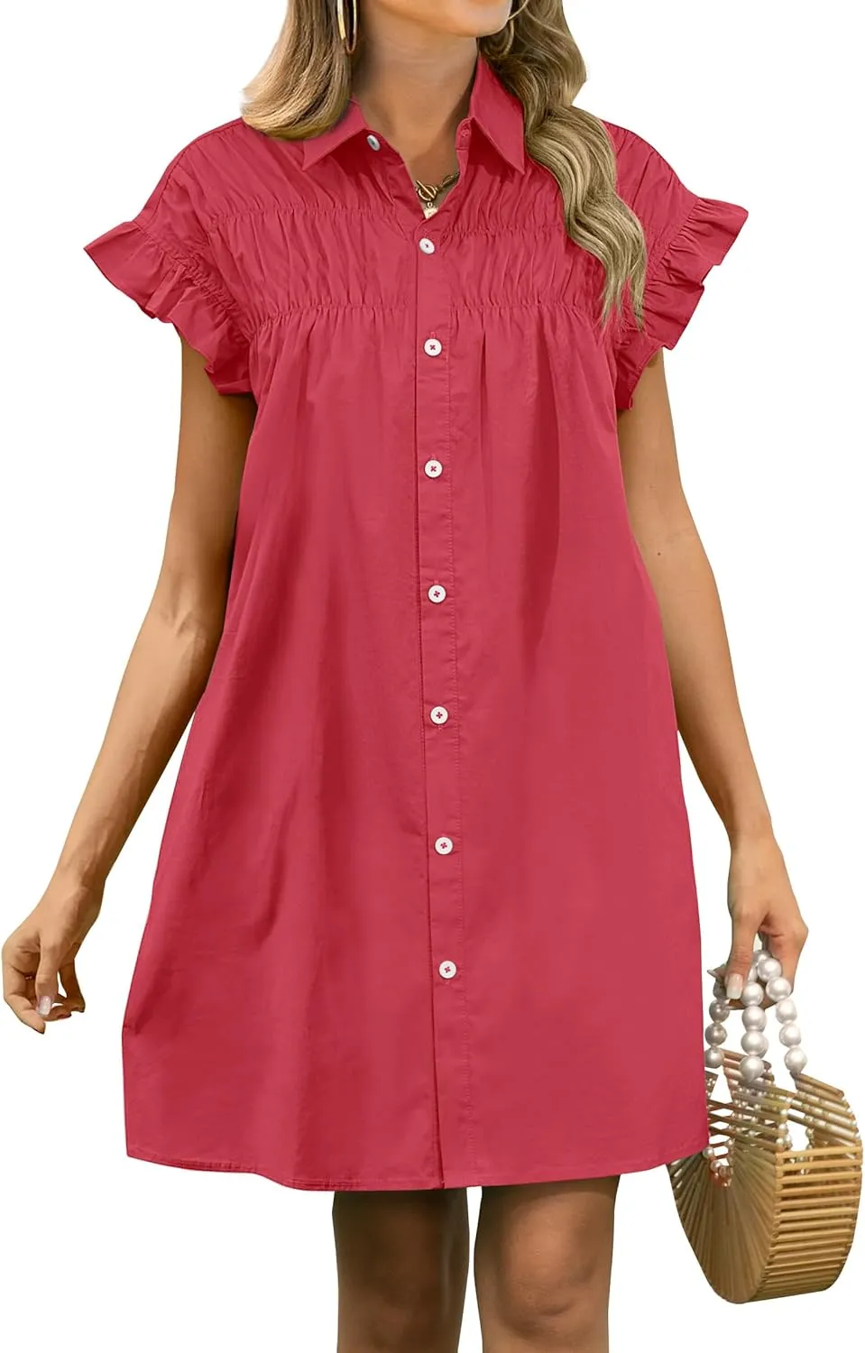 ANRABESS Womens Summer Button Down Shirt Dress Ruffle Short Sleeve Mini Dresses Loose Fit Casual Sundress with Pockets