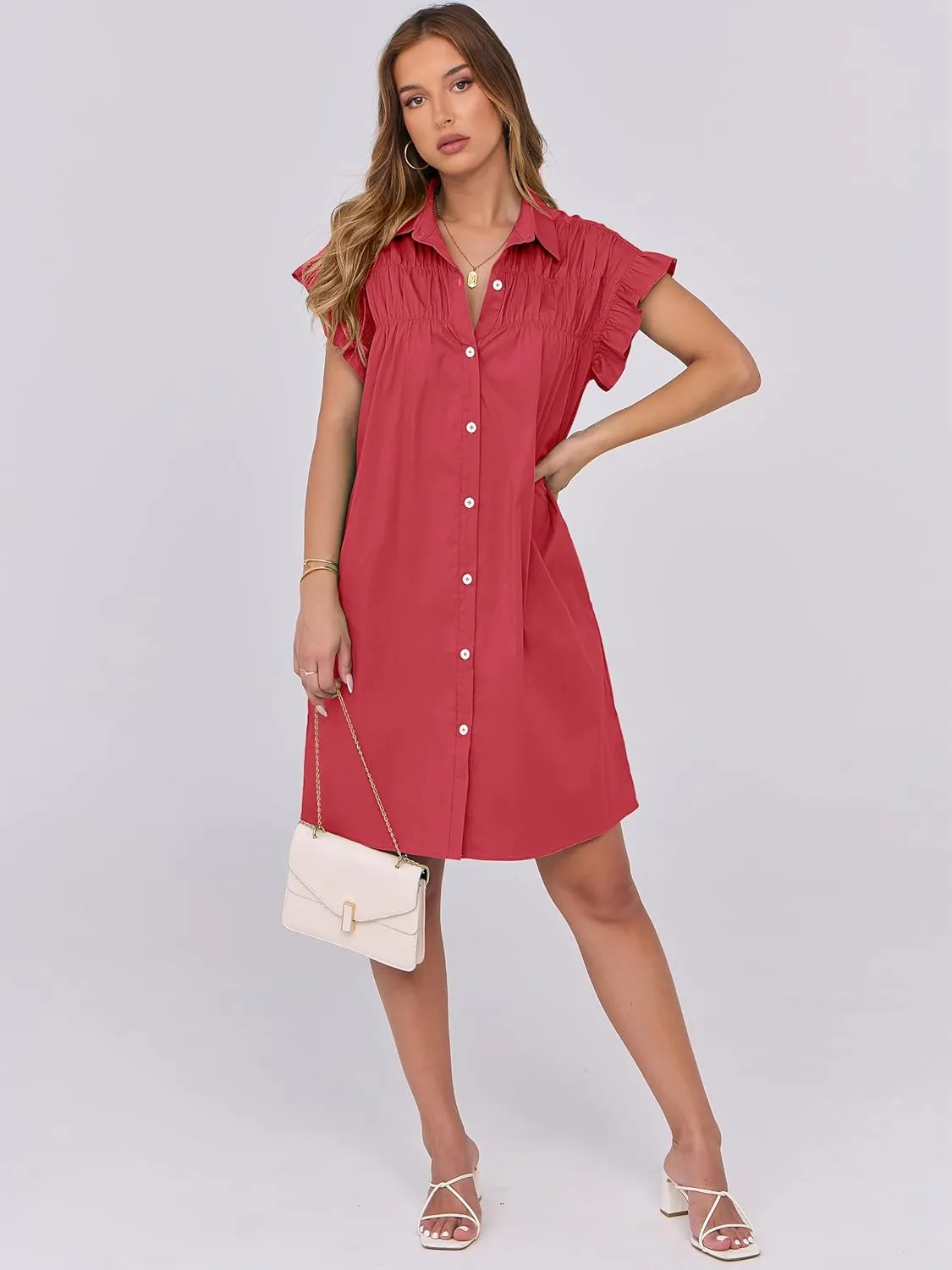 ANRABESS Womens Summer Button Down Shirt Dress Ruffle Short Sleeve Mini Dresses Loose Fit Casual Sundress with Pockets