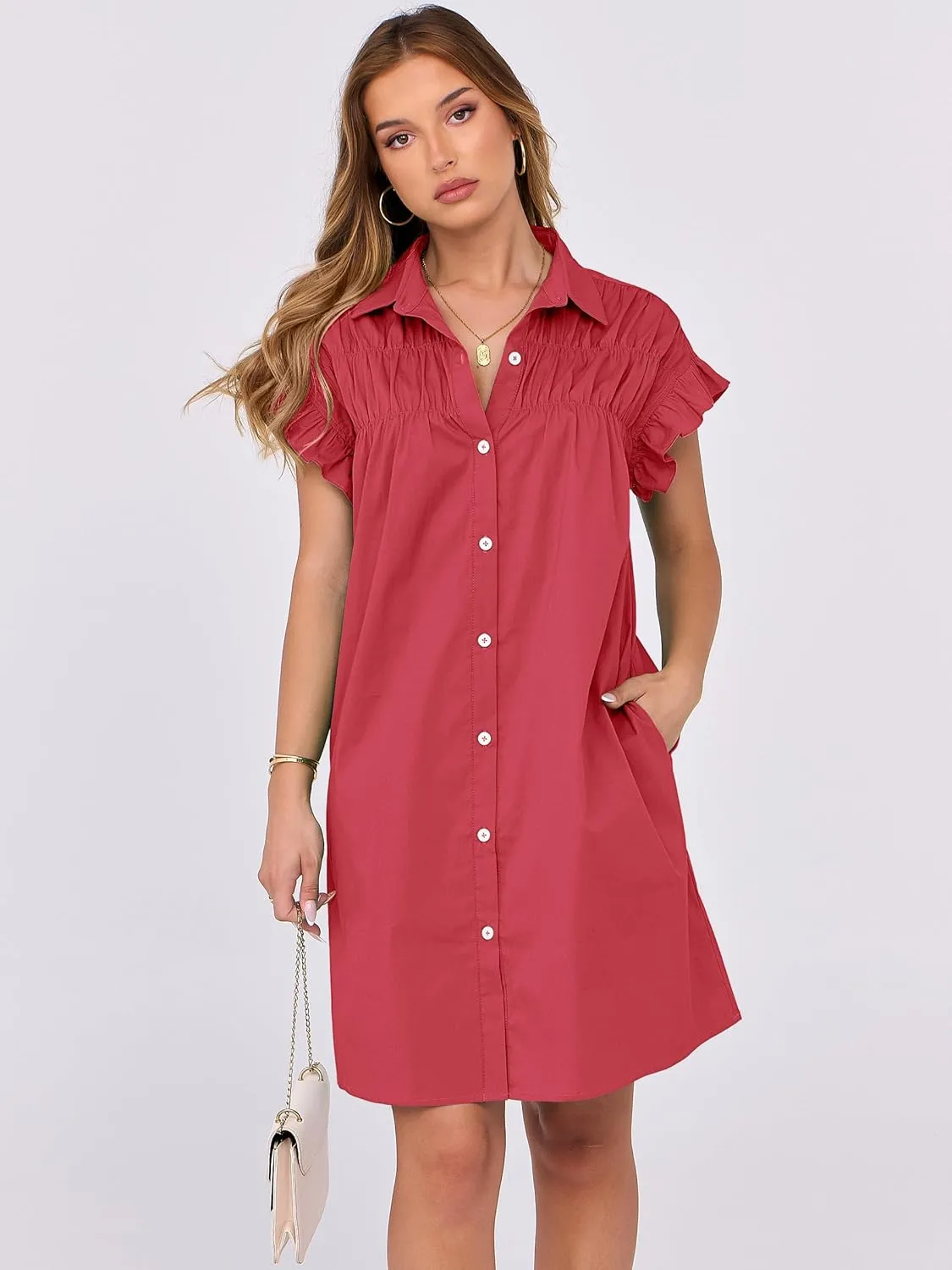 ANRABESS Womens Summer Button Down Shirt Dress Ruffle Short Sleeve Mini Dresses Loose Fit Casual Sundress with Pockets