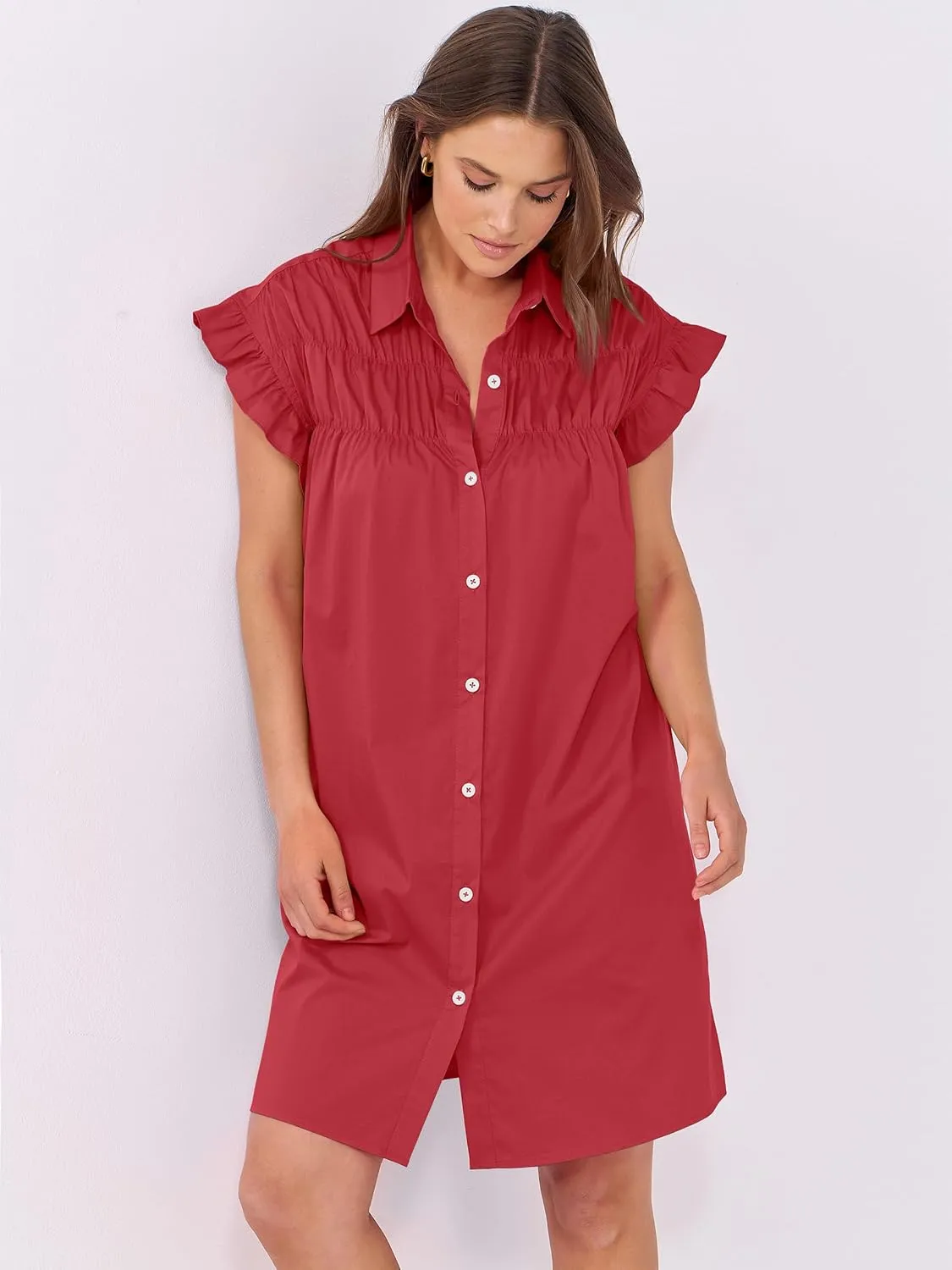 ANRABESS Womens Summer Button Down Shirt Dress Ruffle Short Sleeve Mini Dresses Loose Fit Casual Sundress with Pockets