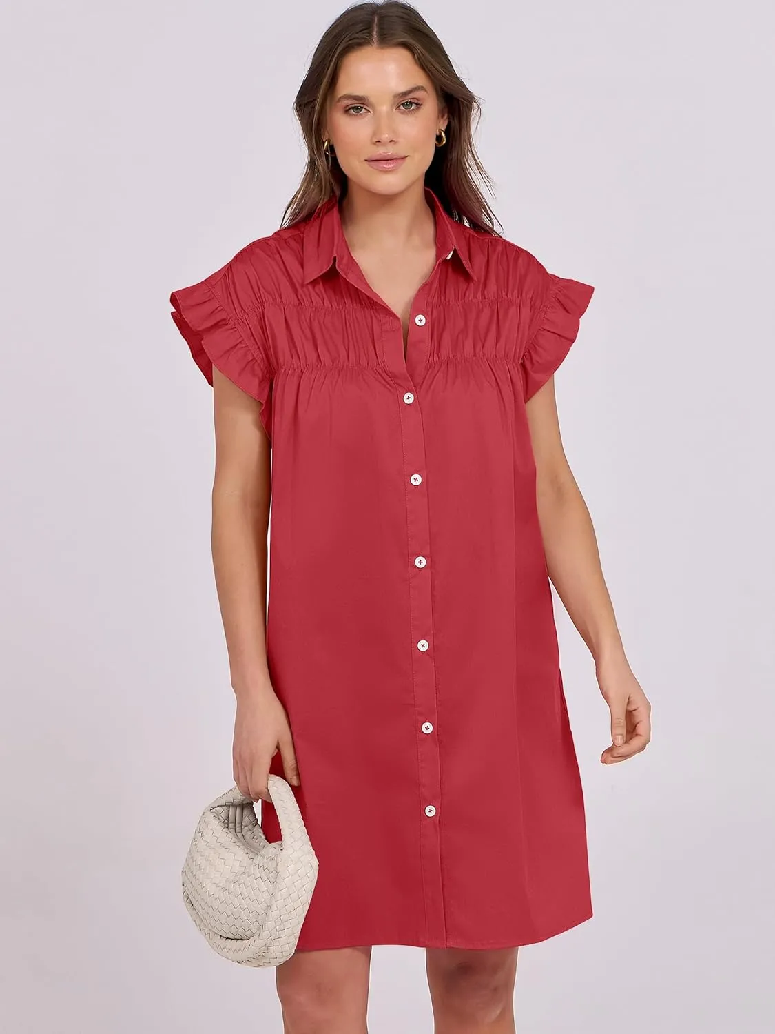 ANRABESS Womens Summer Button Down Shirt Dress Ruffle Short Sleeve Mini Dresses Loose Fit Casual Sundress with Pockets