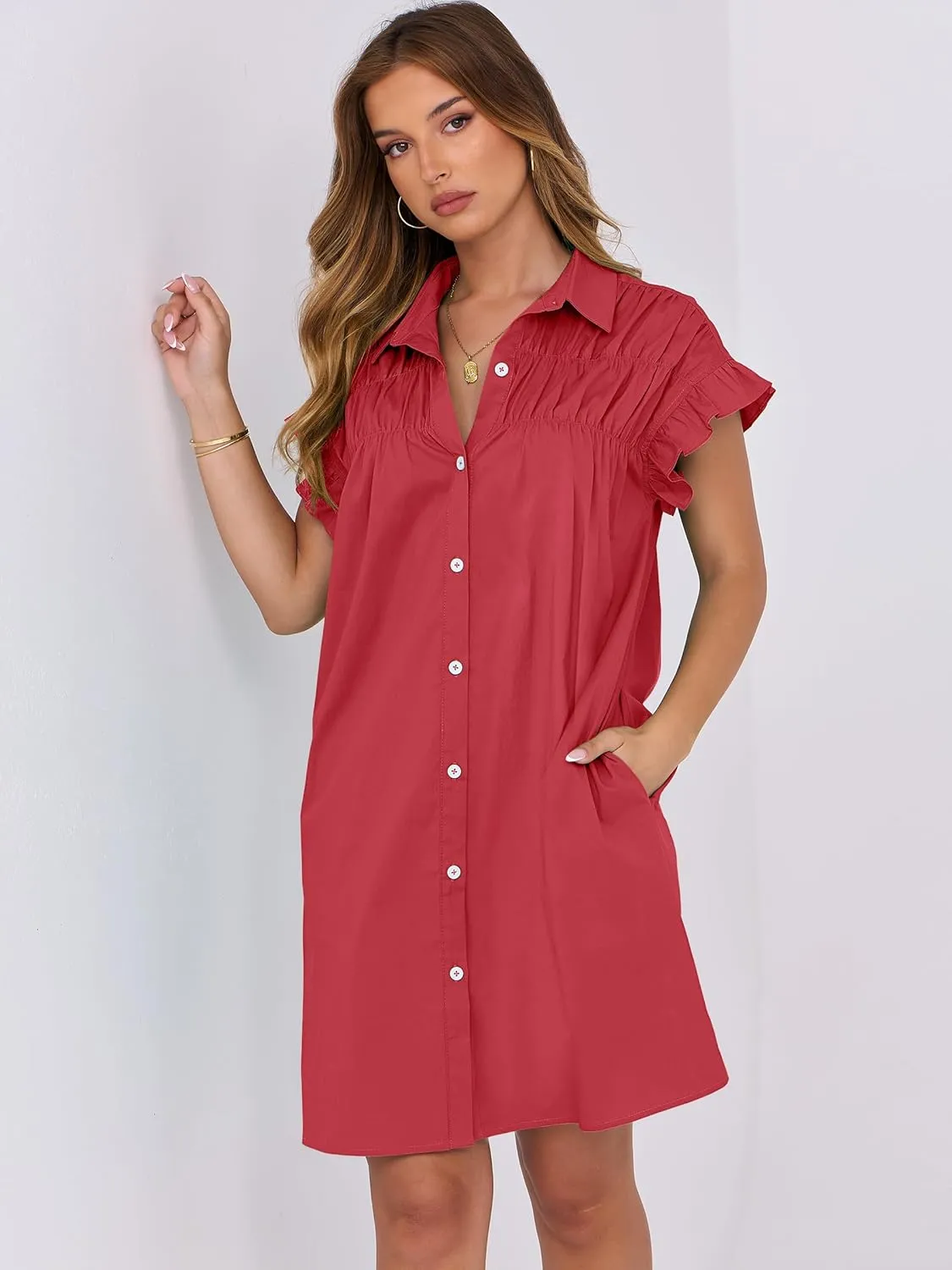 ANRABESS Womens Summer Button Down Shirt Dress Ruffle Short Sleeve Mini Dresses Loose Fit Casual Sundress with Pockets