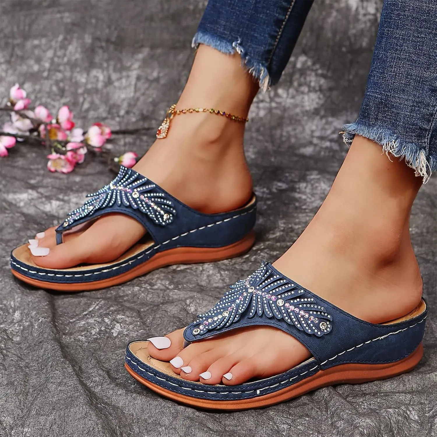 Arch Support Sandals Women's Dressy Orthopedic Comfortable Summer Flip Flop Peep Toe Hollow Out Wedge Flip Flops Casual Adjustable Breathable Walking Rhinestones Slippers