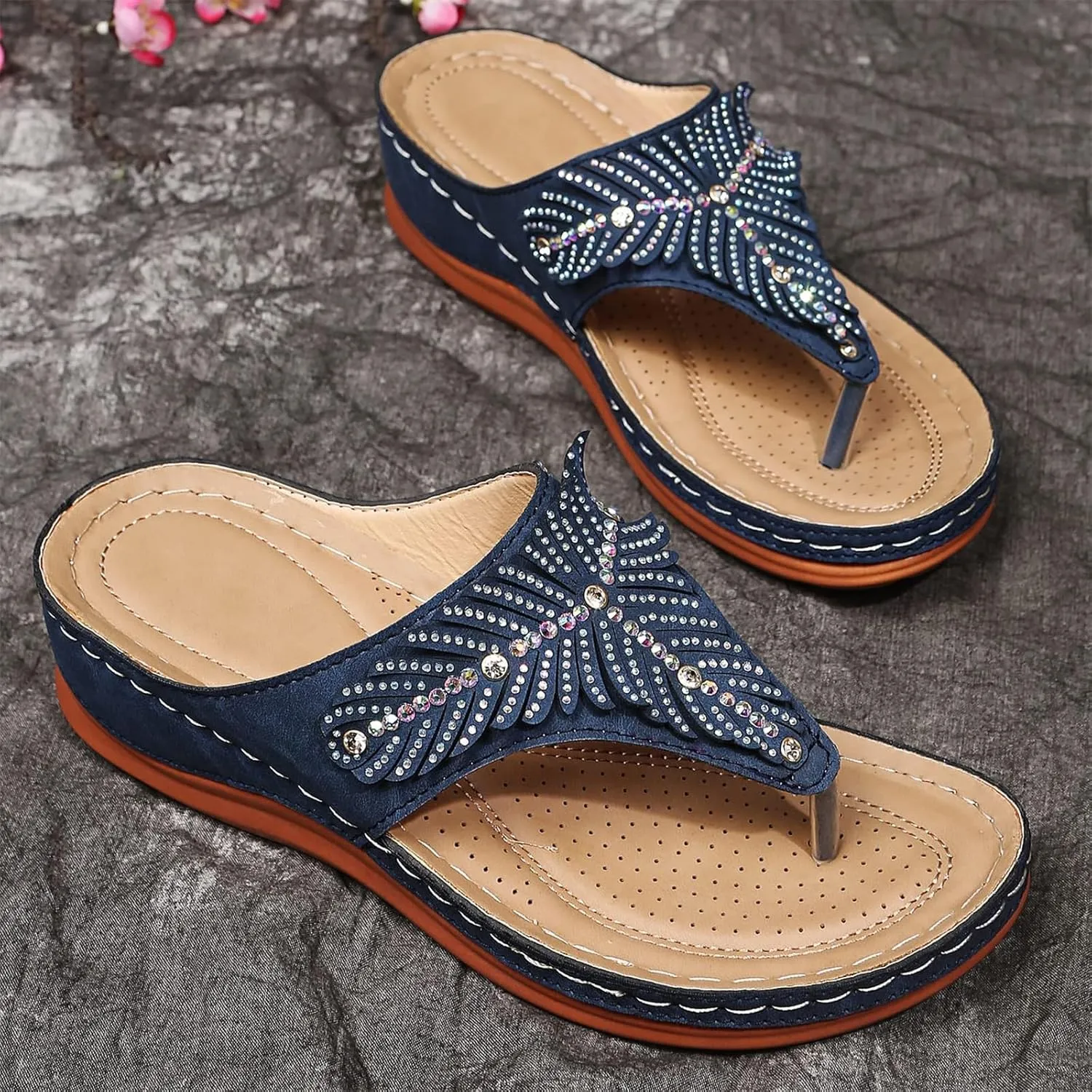 Arch Support Sandals Women's Dressy Orthopedic Comfortable Summer Flip Flop Peep Toe Hollow Out Wedge Flip Flops Casual Adjustable Breathable Walking Rhinestones Slippers