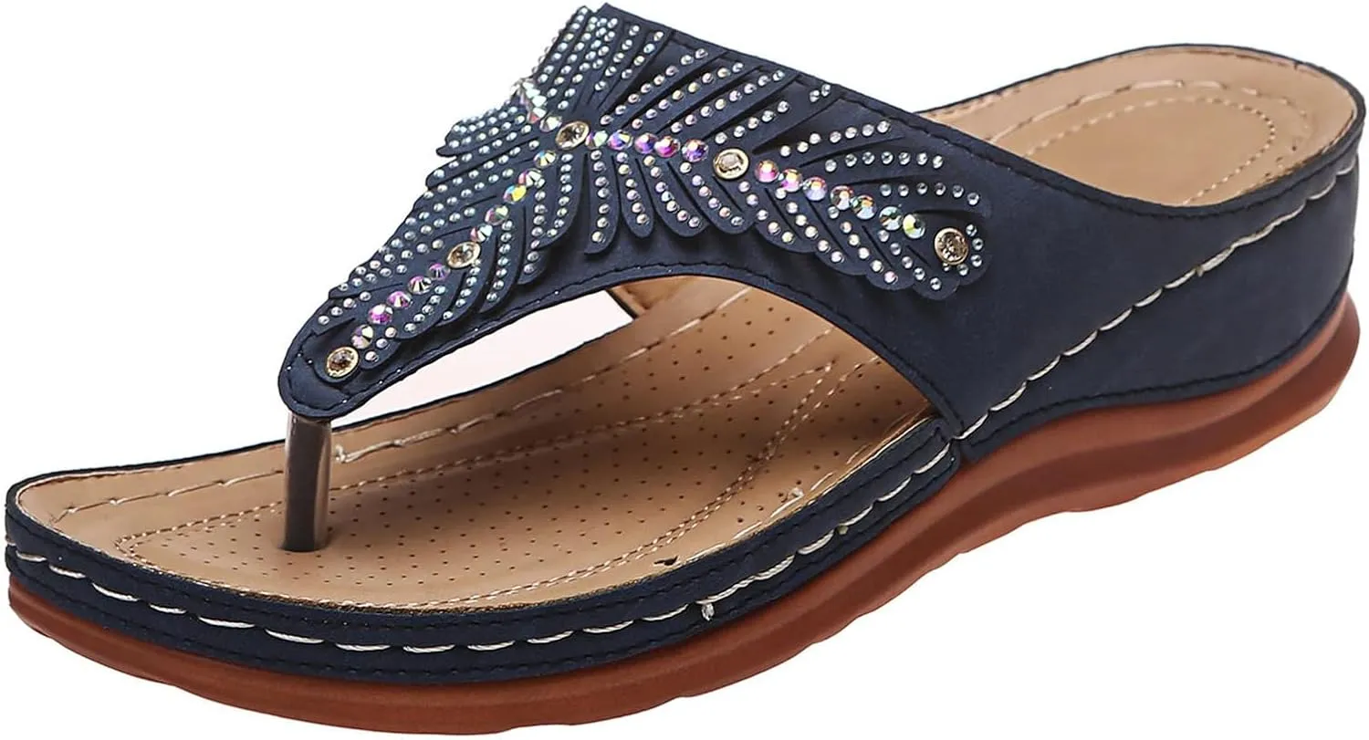 Arch Support Sandals Women's Dressy Orthopedic Comfortable Summer Flip Flop Peep Toe Hollow Out Wedge Flip Flops Casual Adjustable Breathable Walking Rhinestones Slippers