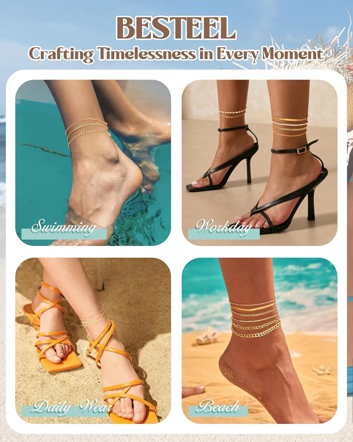 Besteel 6PCS Gold Ankle Bracelets for Women Waterproof-14K Gold Plated Anklets for Women Non Tarnish Hypoallergenic Stainless Steel Cuban Link Chain Anklet Set Layered Beach Jewelry Gift Adjustable