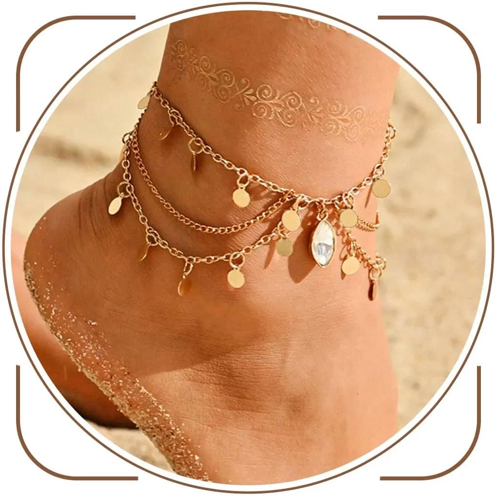 Boho Gold Ankle Bracelet for Women Layered Beach Sequin Anklet Rhinestone Foot Chains