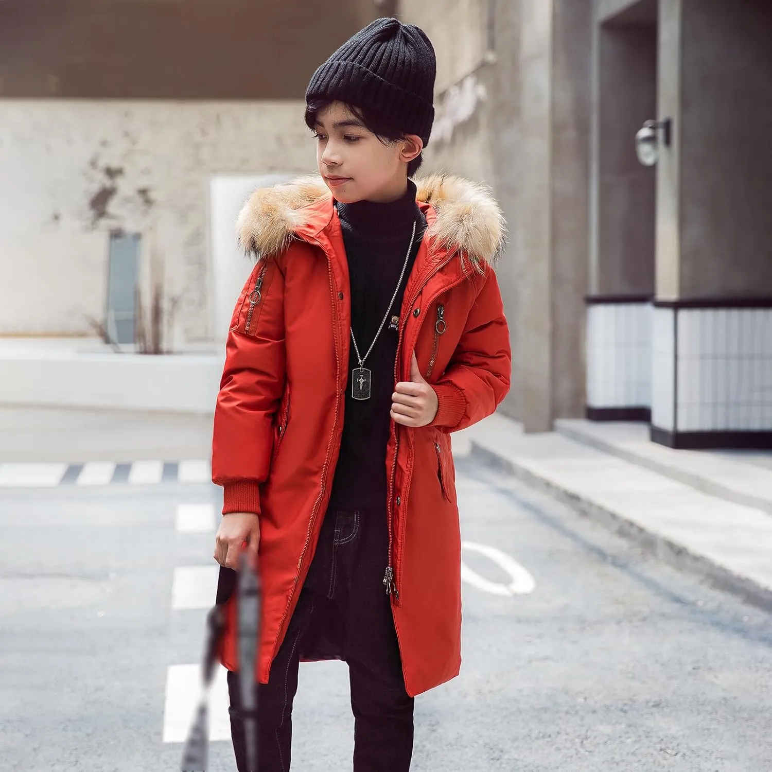 Boys' Mid Length Down Jacket Kids Thermal Winter Hooded Parka Coat Age 3-14 Years