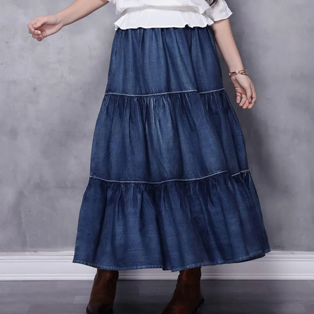 BXCNCKD Women's Tiered A-Line Denim Prairie Skirt Denim Articulated Hem Long Skirt Retro Denim Skirt
