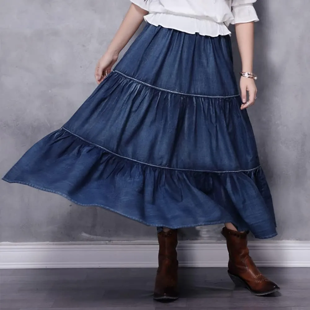BXCNCKD Women's Tiered A-Line Denim Prairie Skirt Denim Articulated Hem Long Skirt Retro Denim Skirt