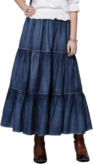 BXCNCKD Women's Tiered A-Line Denim Prairie Skirt Denim Articulated Hem Long Skirt Retro Denim Skirt