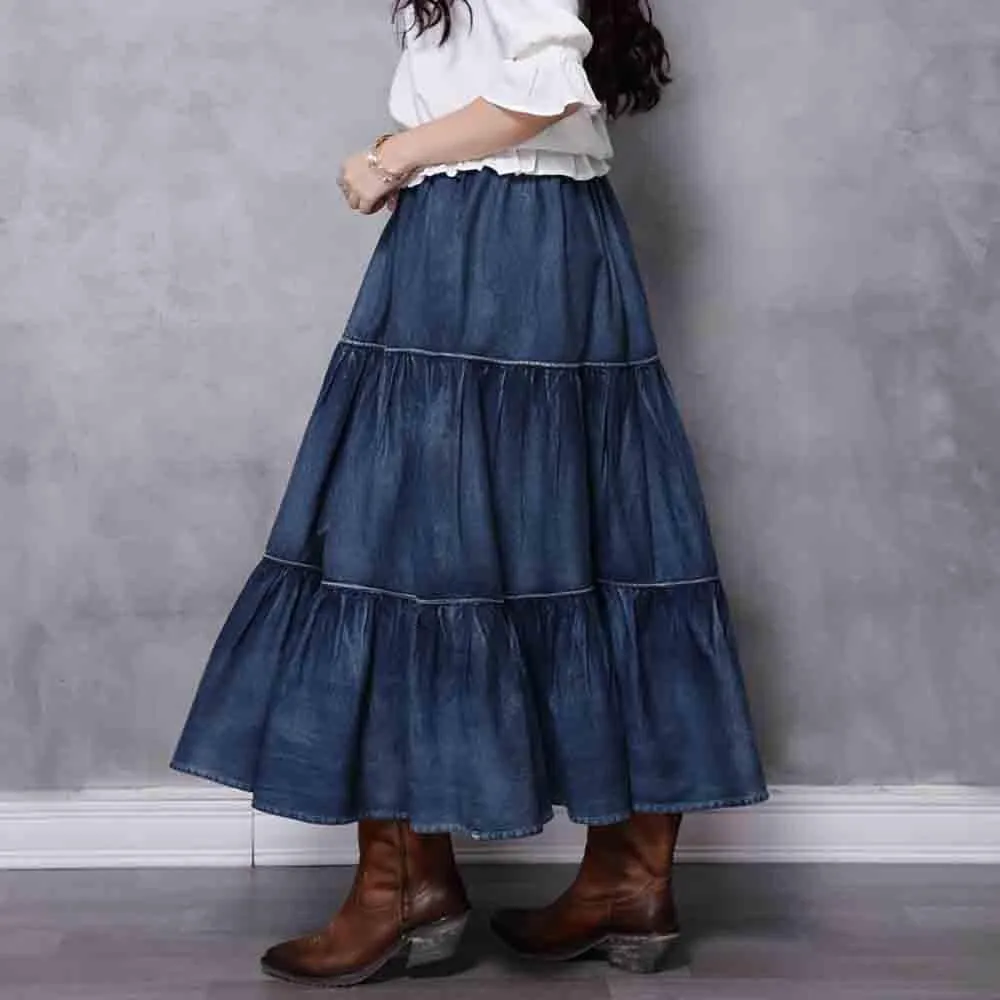 BXCNCKD Women's Tiered A-Line Denim Prairie Skirt Denim Articulated Hem Long Skirt Retro Denim Skirt
