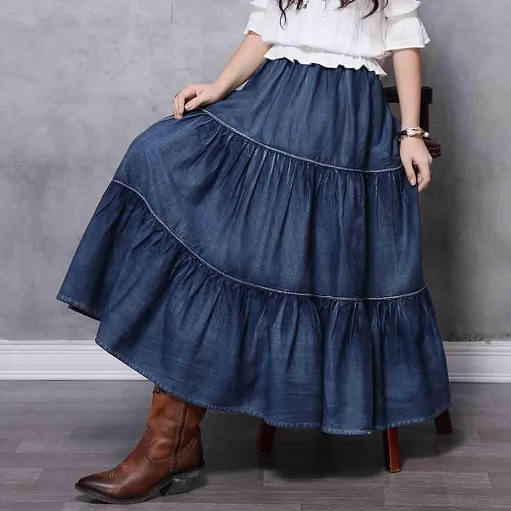 BXCNCKD Women's Tiered A-Line Denim Prairie Skirt Denim Articulated Hem Long Skirt Retro Denim Skirt