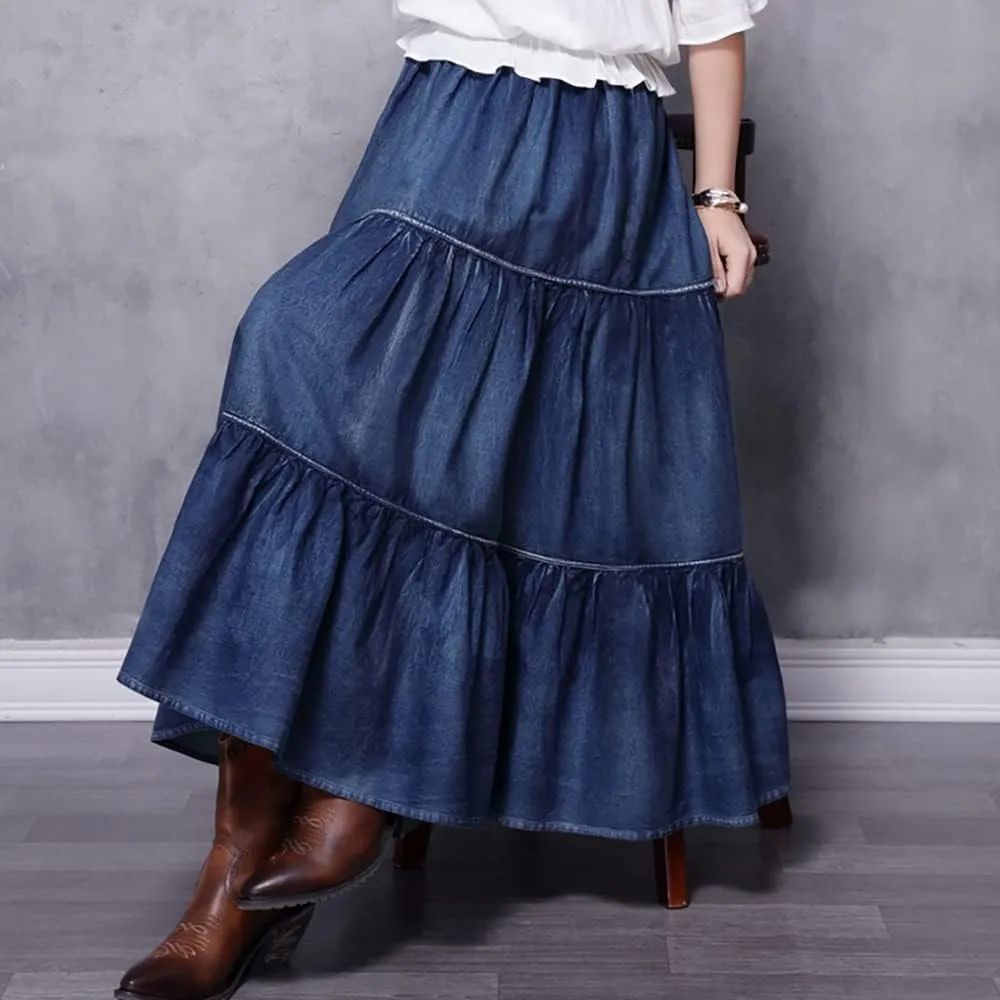 BXCNCKD Women's Tiered A-Line Denim Prairie Skirt Denim Articulated Hem Long Skirt Retro Denim Skirt