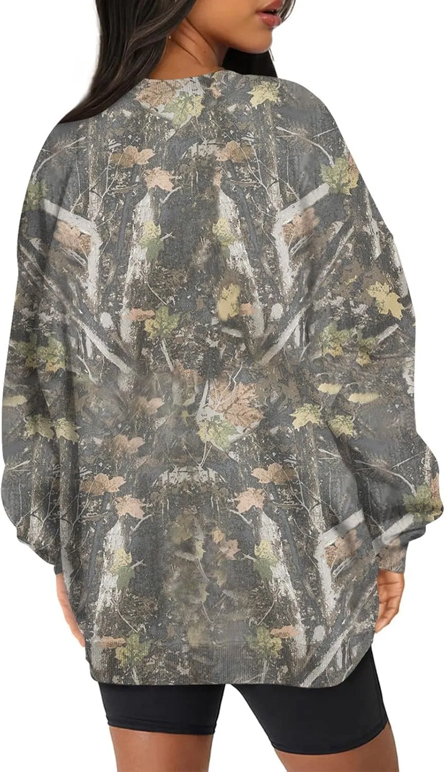 Camo Sweatshirt for Women Oversized Maple Leaf Print Sweatshirts Casual Long Sleeve Camo Crewneck Sweatshirt