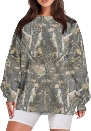 Camo Sweatshirt for Women Oversized Maple Leaf Print Sweatshirts Casual Long Sleeve Camo Crewneck Sweatshirt