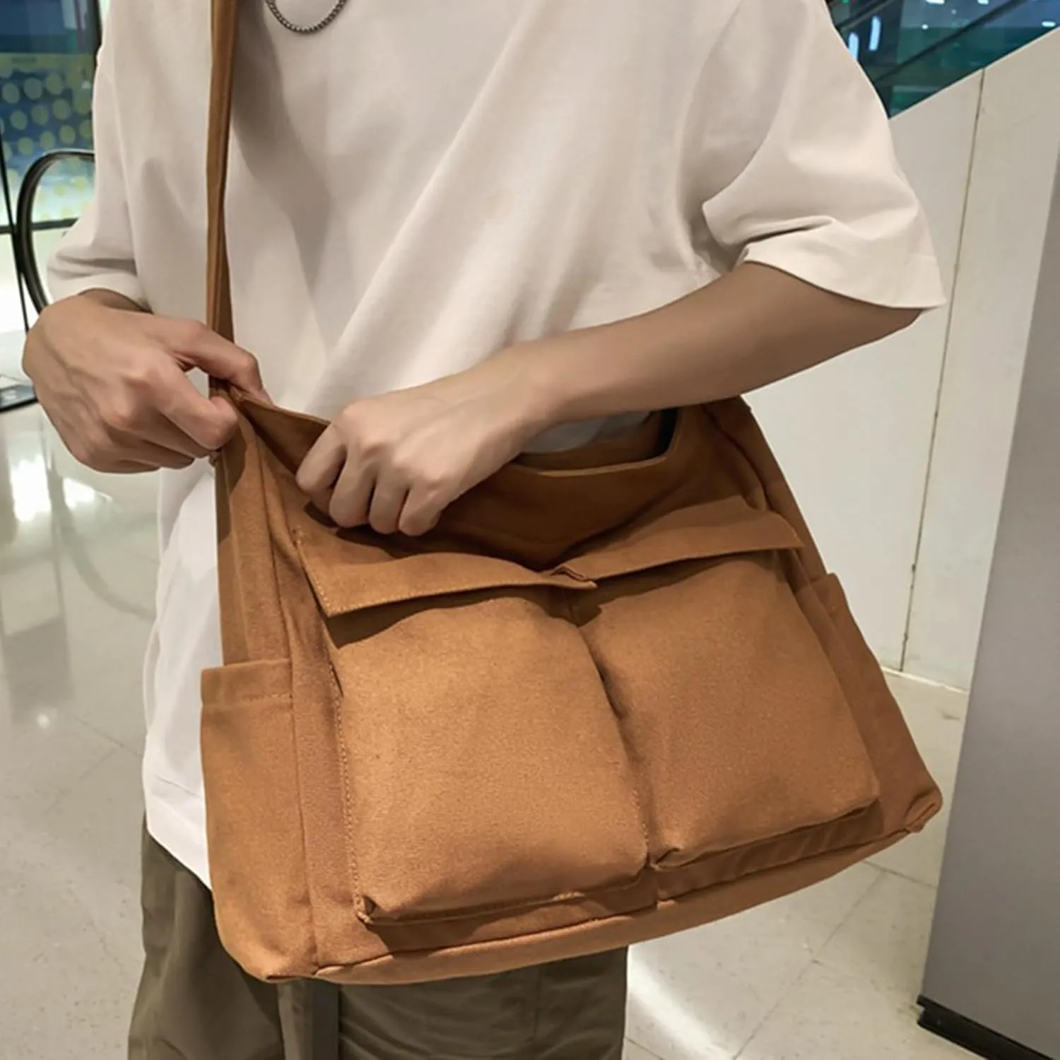 Canvas Messenger Bag, Multi-pockets Casual Canvas Tote for College Large Crossbody Shoulder Bag for Women and Men