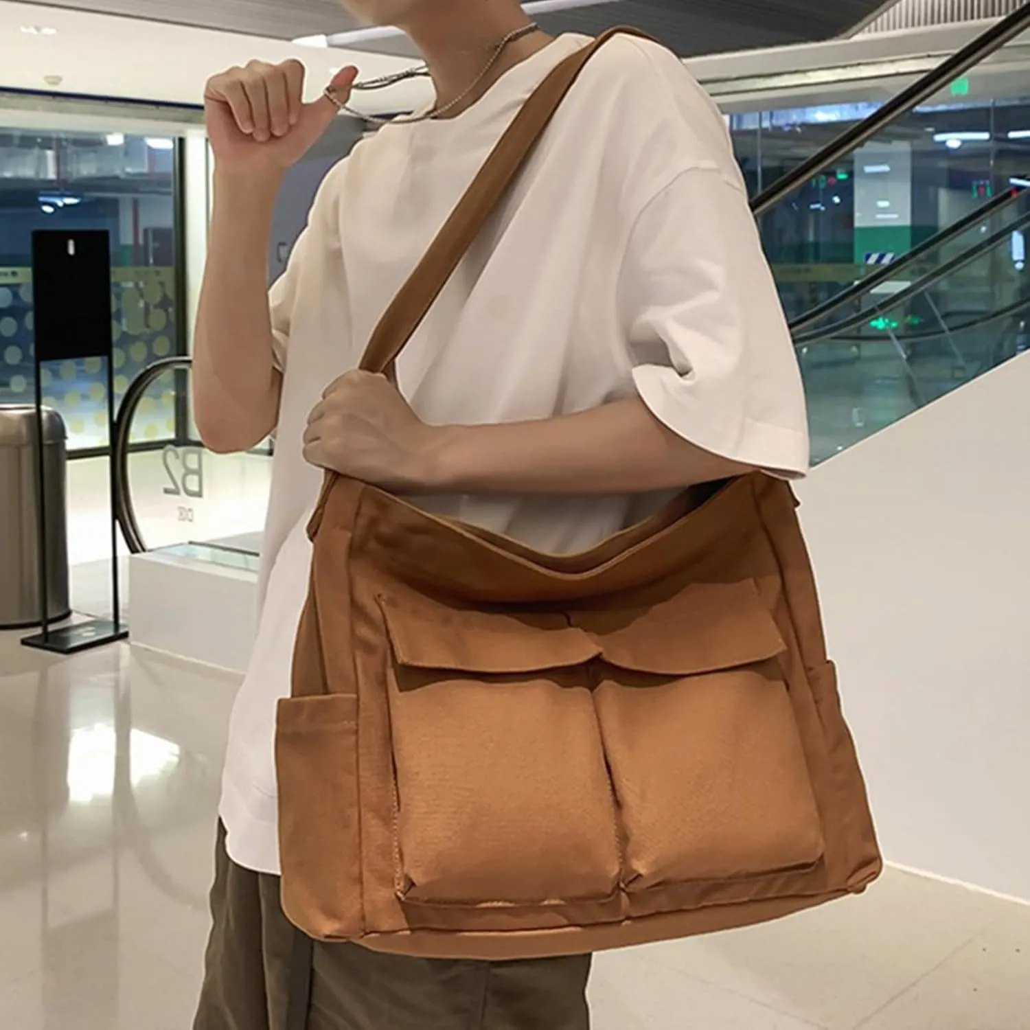 Canvas Messenger Bag, Multi-pockets Casual Canvas Tote for College Large Crossbody Shoulder Bag for Women and Men