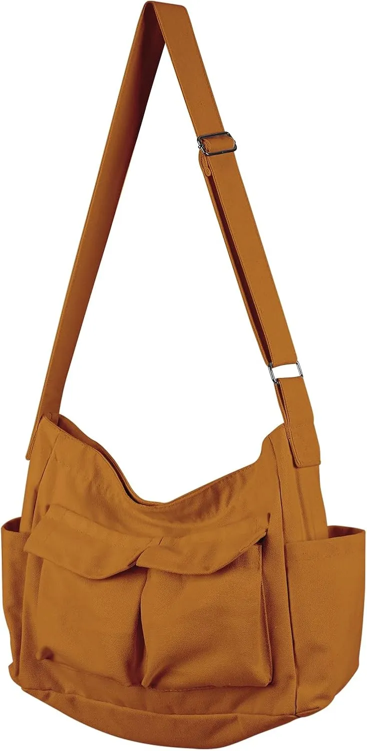 Canvas Messenger Bag, Multi-pockets Casual Canvas Tote for College Large Crossbody Shoulder Bag for Women and Men
