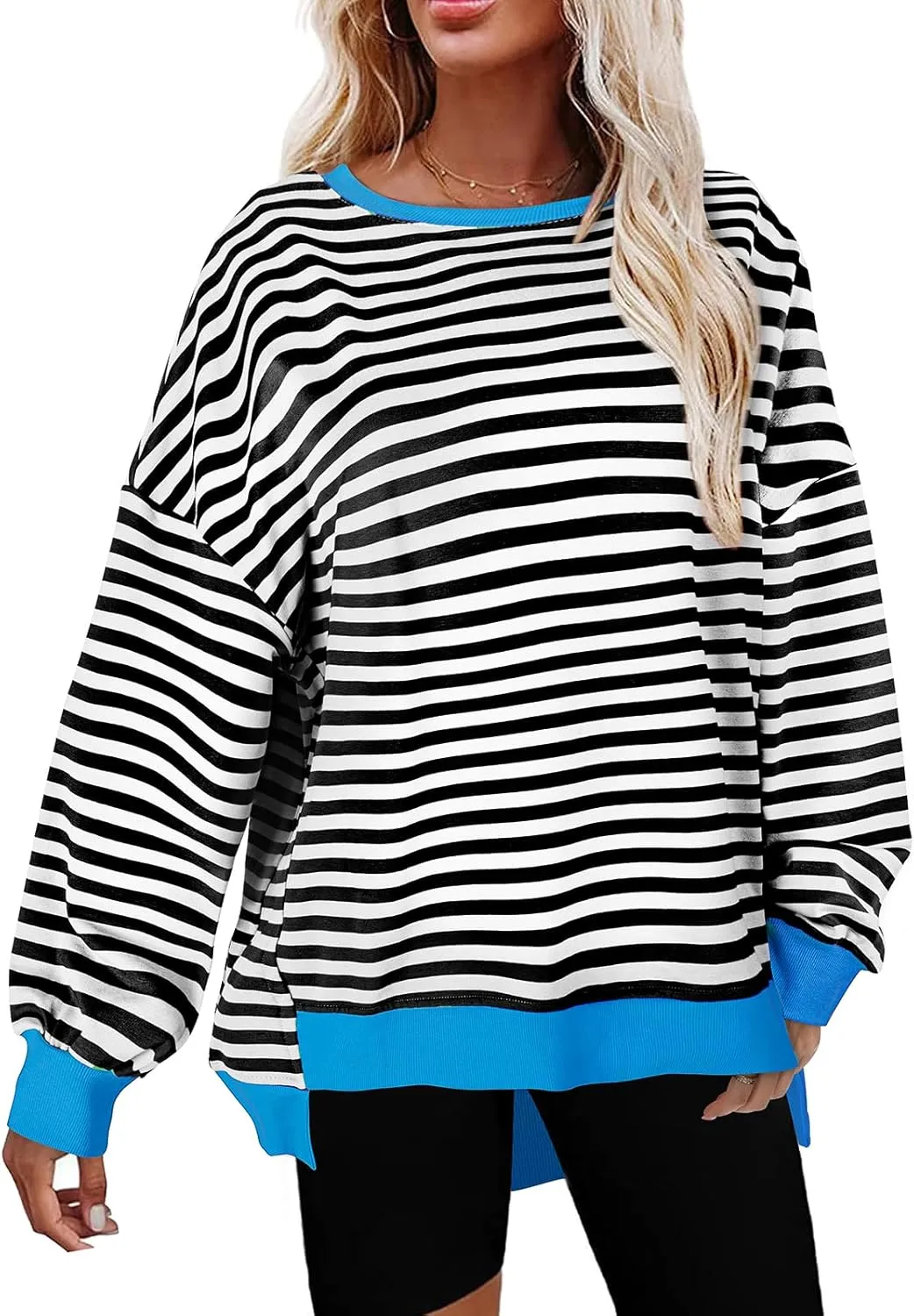 Cestyle Womens Striped Color Block Oversized Sweatshirt Long Sleeve Crewneck Shirts 2024 Fall Top Y2K Trendy Sweatshirts