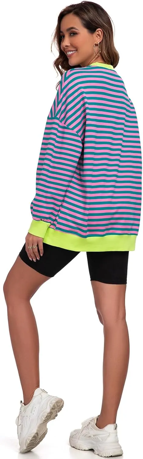 Cestyle Womens Striped Color Block Oversized Sweatshirt Long Sleeve Crewneck Shirts 2024 Fall Top Y2K Trendy Sweatshirts