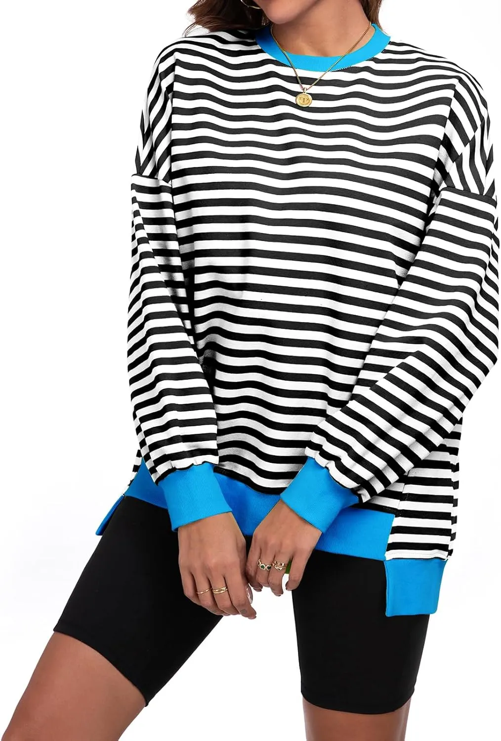 Cestyle Womens Striped Color Block Oversized Sweatshirt Long Sleeve Crewneck Shirts 2024 Fall Top Y2K Trendy Sweatshirts