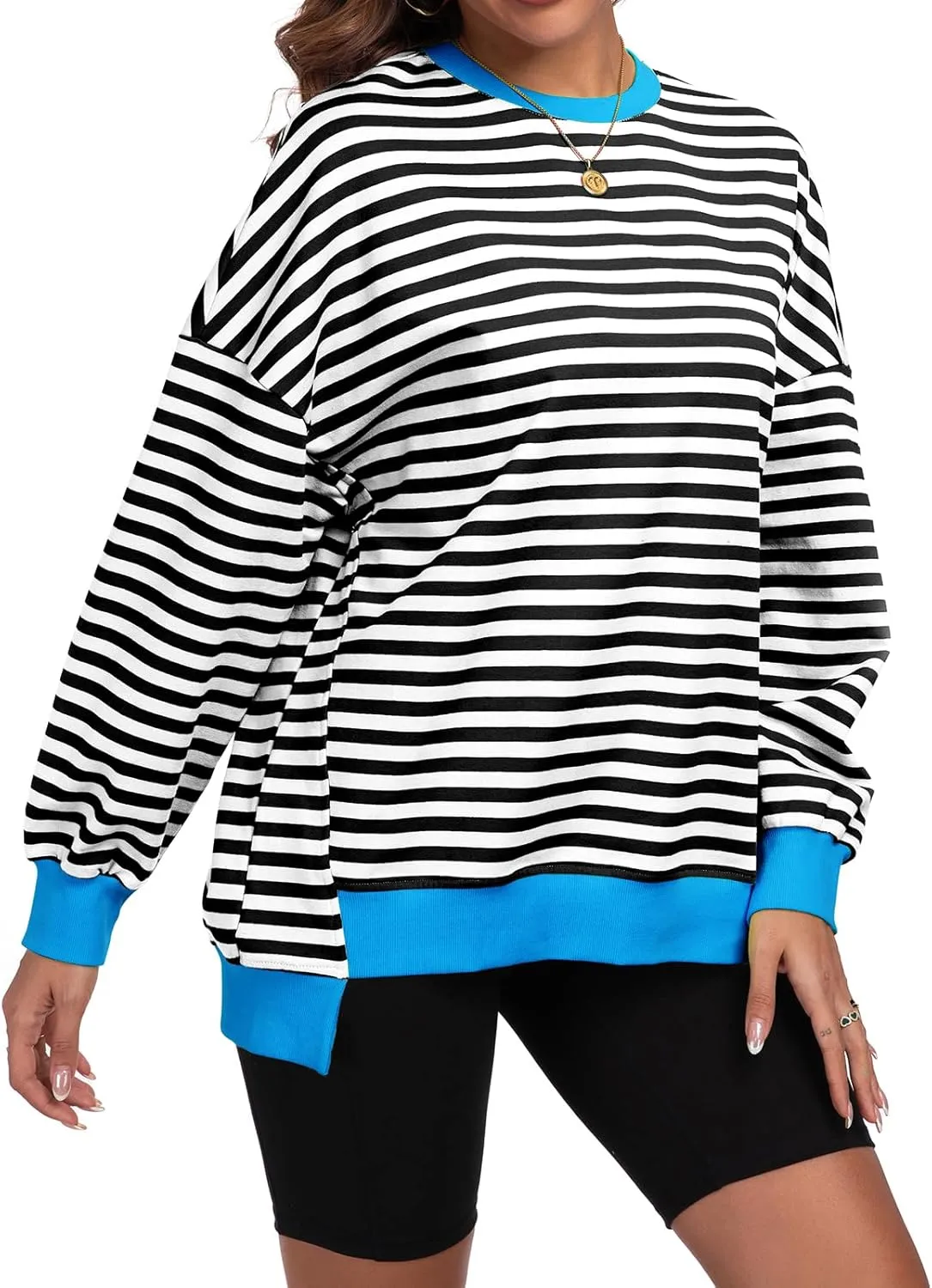 Cestyle Womens Striped Color Block Oversized Sweatshirt Long Sleeve Crewneck Shirts 2024 Fall Top Y2K Trendy Sweatshirts