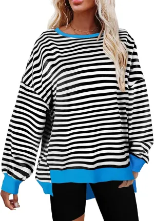 Cestyle Womens Striped Color Block Oversized Sweatshirt Long Sleeve Crewneck Shirts 2024 Fall Top Y2K Trendy Sweatshirts