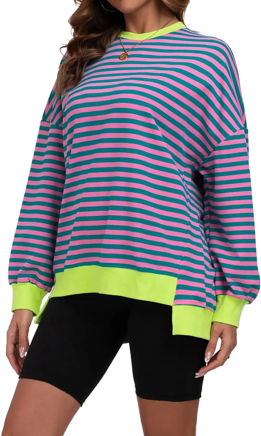 Cestyle Womens Striped Color Block Oversized Sweatshirt Long Sleeve Crewneck Shirts 2024 Fall Top Y2K Trendy Sweatshirts